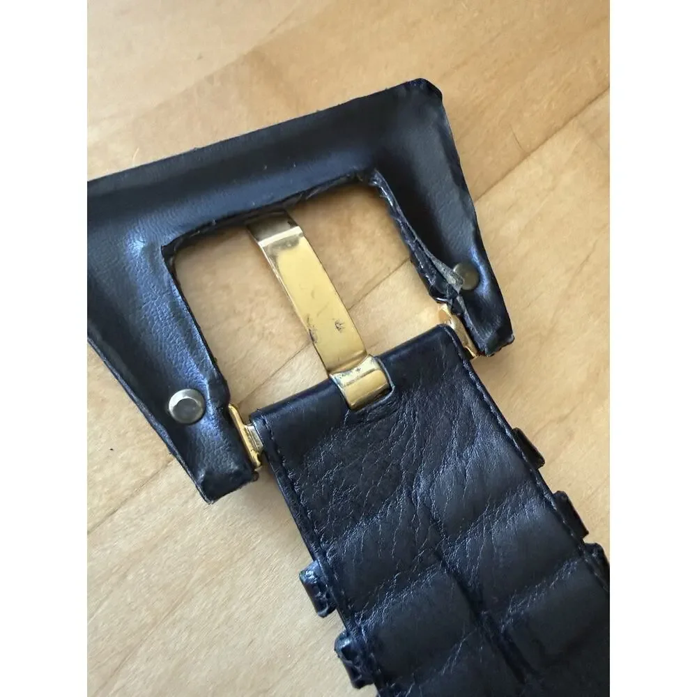 VTG Made In Italy Black Leather Belt Gold Act Deco Buckle Wide 80